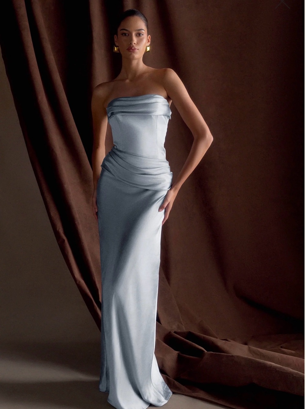 Meshki Strapless Satin Maxi Dress in Light Blue